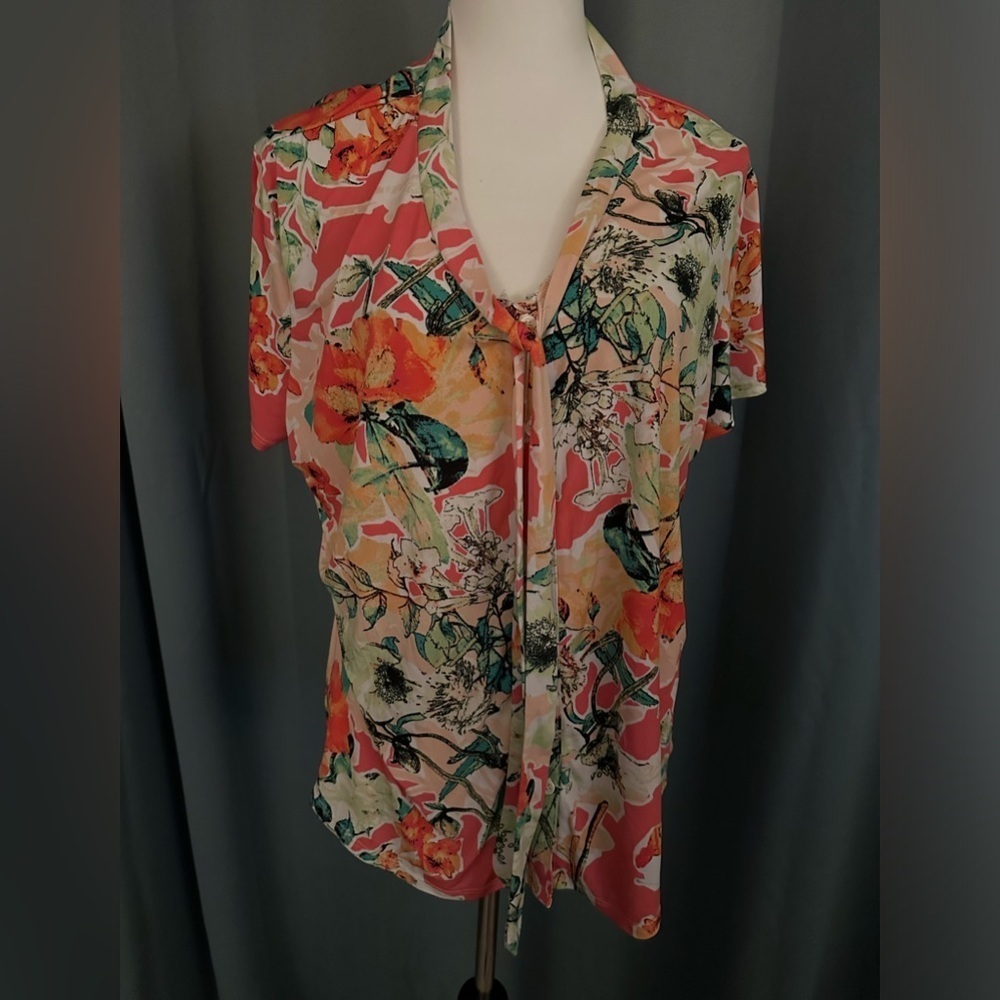 Van Heusen | Peach Floral Short Sleeve Blouse w/ Front Tie | Size XXL